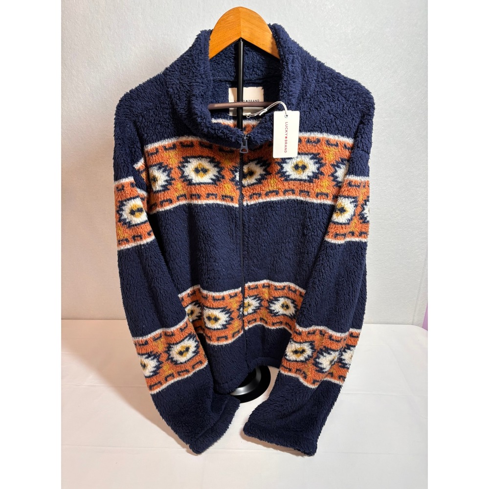 Lucky Brand Navy Southwestern Sherpa Fleece Full Zip Jacket Faux Fur XXL NEW
